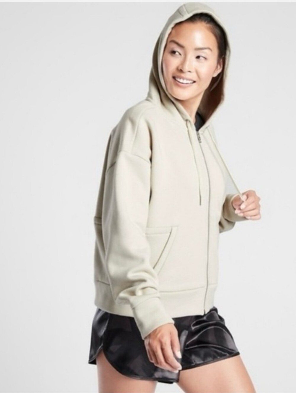 Athleta Tenacity Hoodie Bone Beige Cream Full Zip Boxy Sweatshirt Size Medium